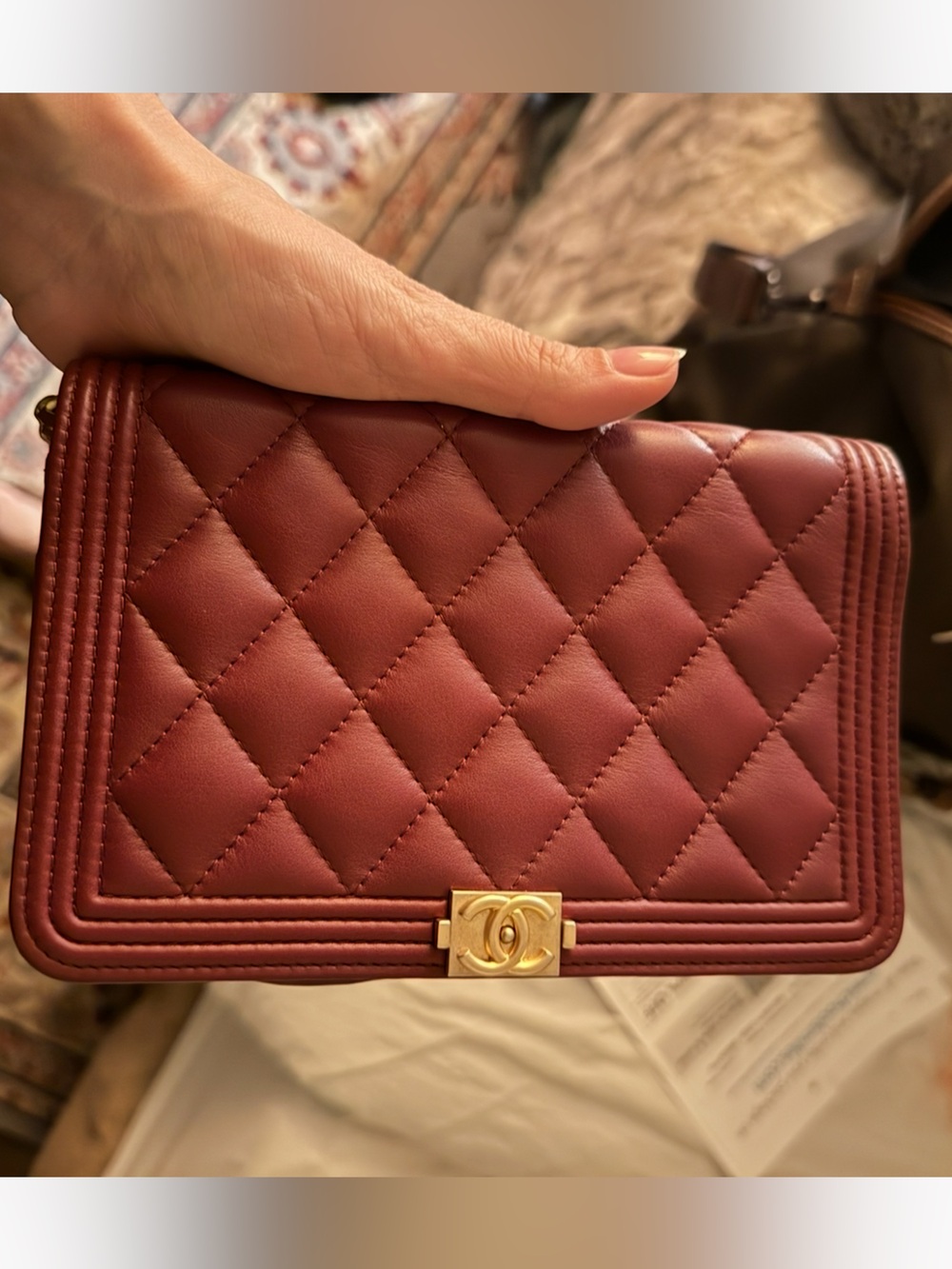 CHANEL Quilted Boy Flap Mini Bag in Deep Burgundy with Gold Hardware